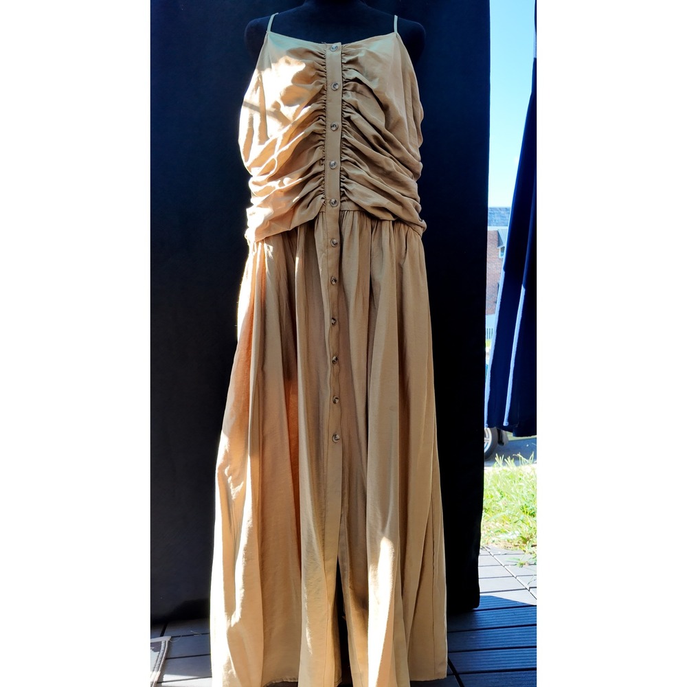 Womens Tan Ruched Button Front Maxi Dress Spaghetti Strap A-Line Sun Dress